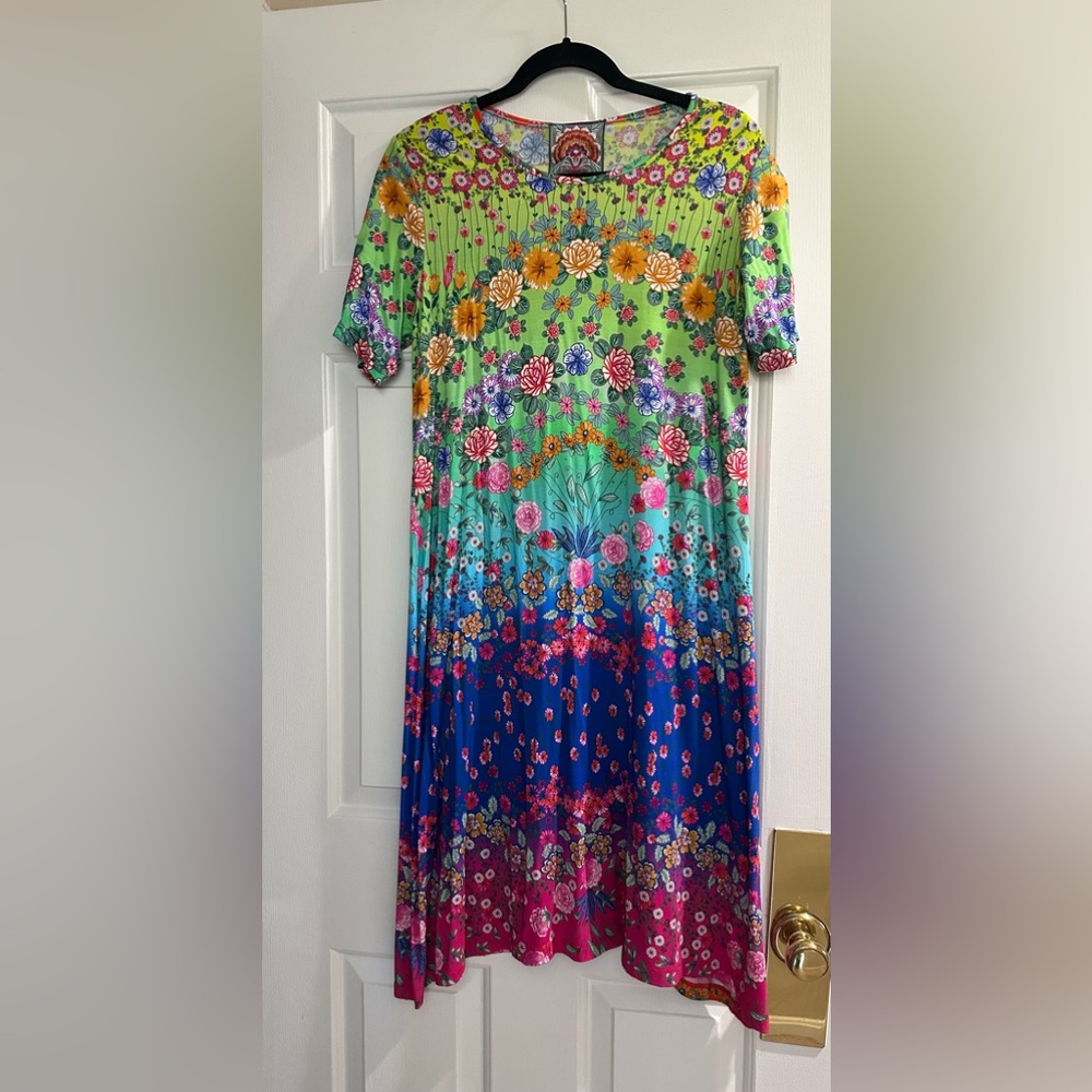 JOHNNY WAS | Rainbow Fields Swing Dress | Colorful Bamboo Short Sleeve Midi | M